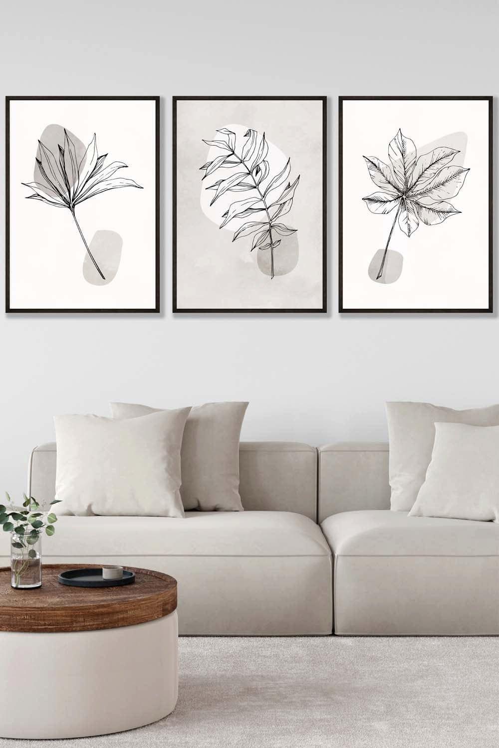 Set of 3 Black Framed Grey and Beige Botanical Sketch Leaves Wall Art